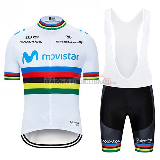 Abbigliamento Ciclismo UCI Mondo Campione Movistar Manica Corta 2019 Bianco Blu